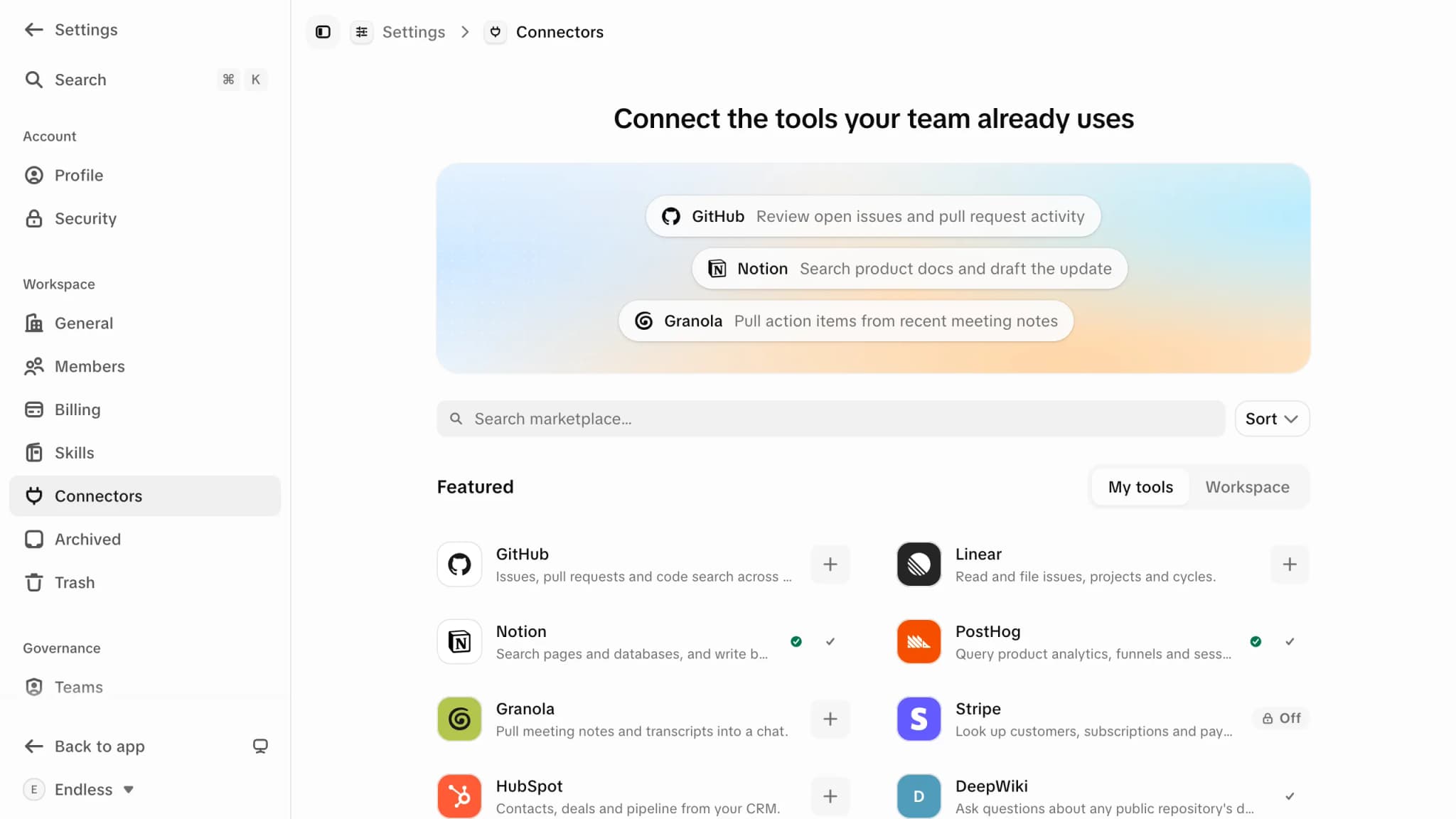 The connectors page: a marketplace search field above a Featured grid of connector cards — GitHub, Linear, Notion, PostHog, Granola, Stripe, HubSpot and DeepWiki — each with a one-line description and either a plus button to connect it, a tick marking it already connected, or an "Off" badge