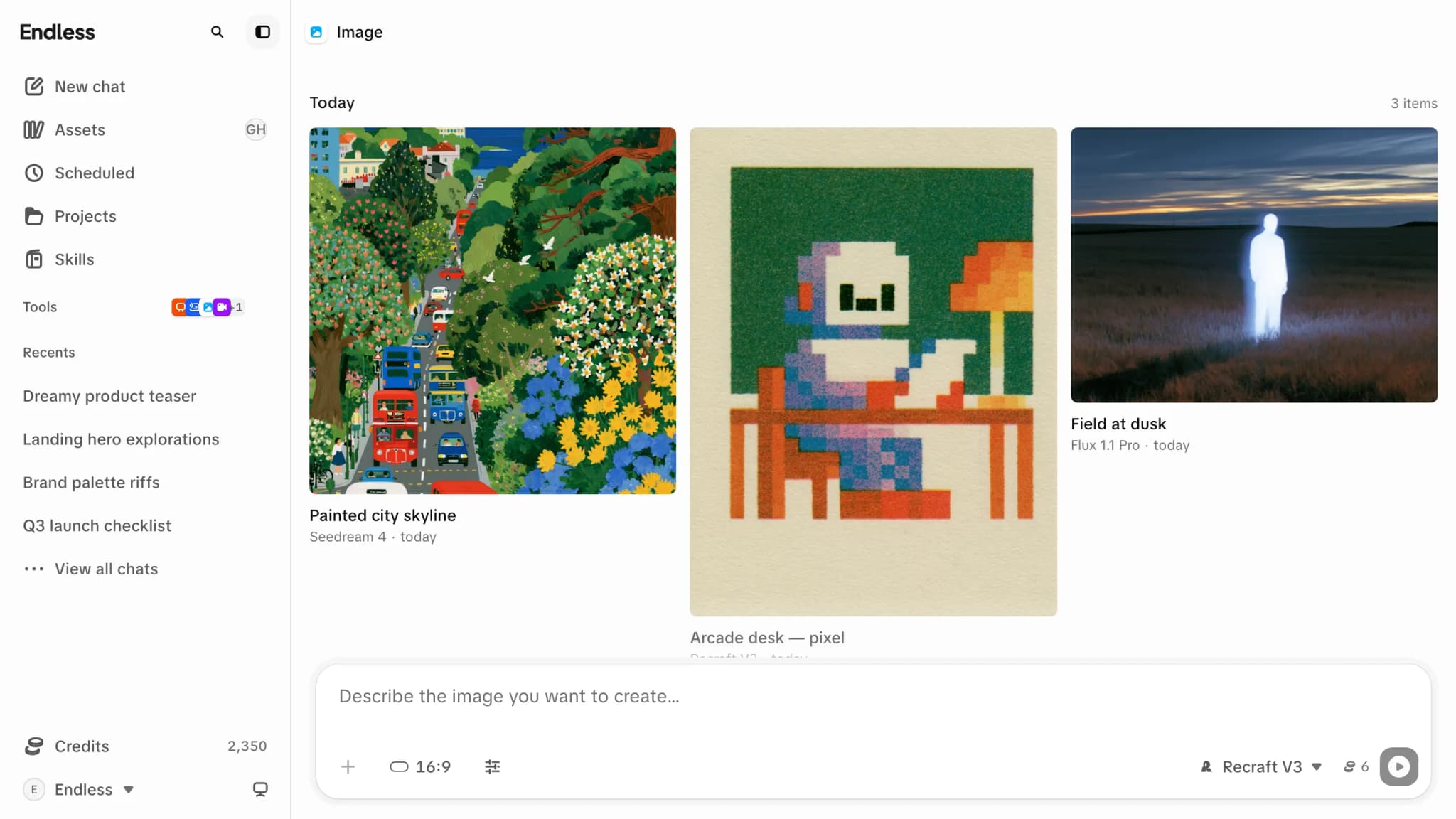 The Image page: earlier results across the top of the feed with the model that made each one, and docked below them the composer — the prompt field, an output-shape chip reading 16:9, an advanced-parameters control, the selected model, and the credit estimate beside the send button