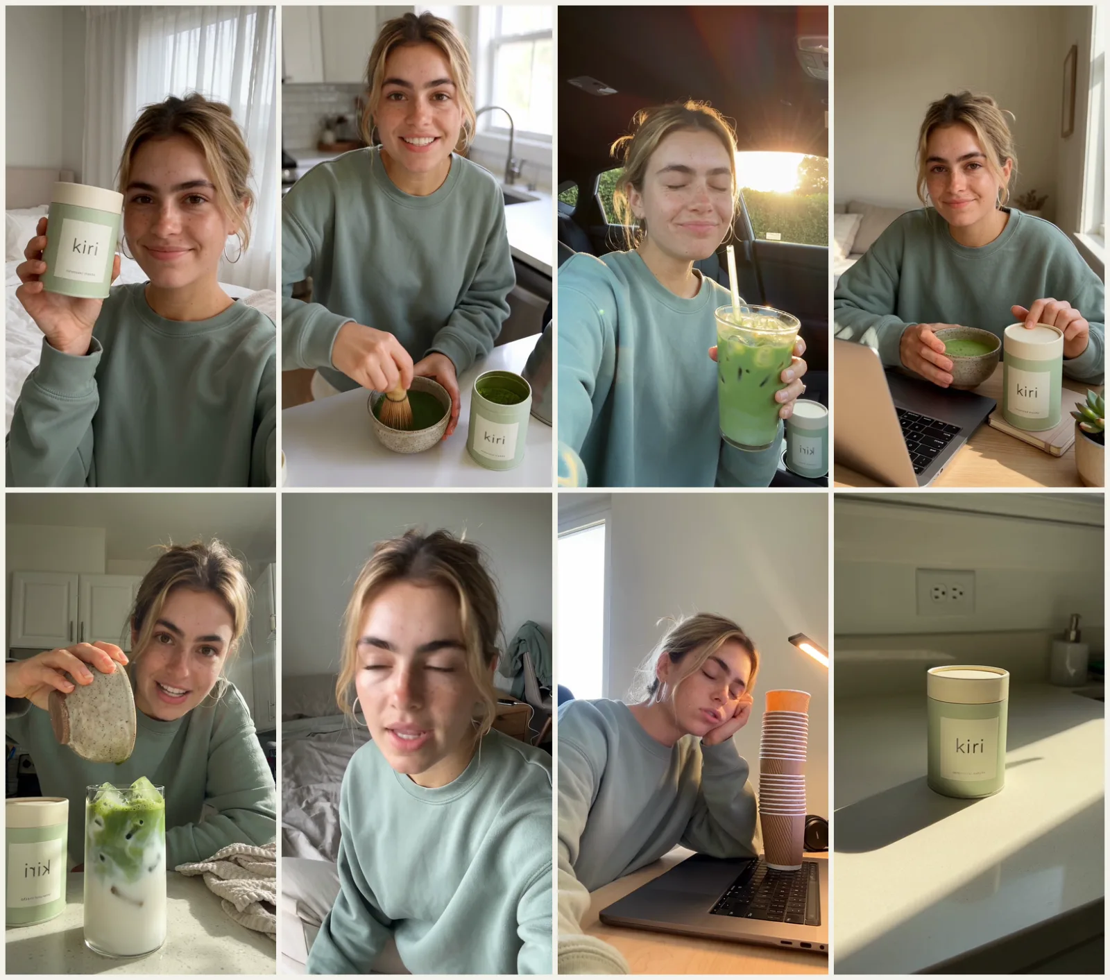 Eight frames from the eight kiri videos: Mia in a bedroom, a kitchen, a car and at a desk, plus one shot of the tin alone