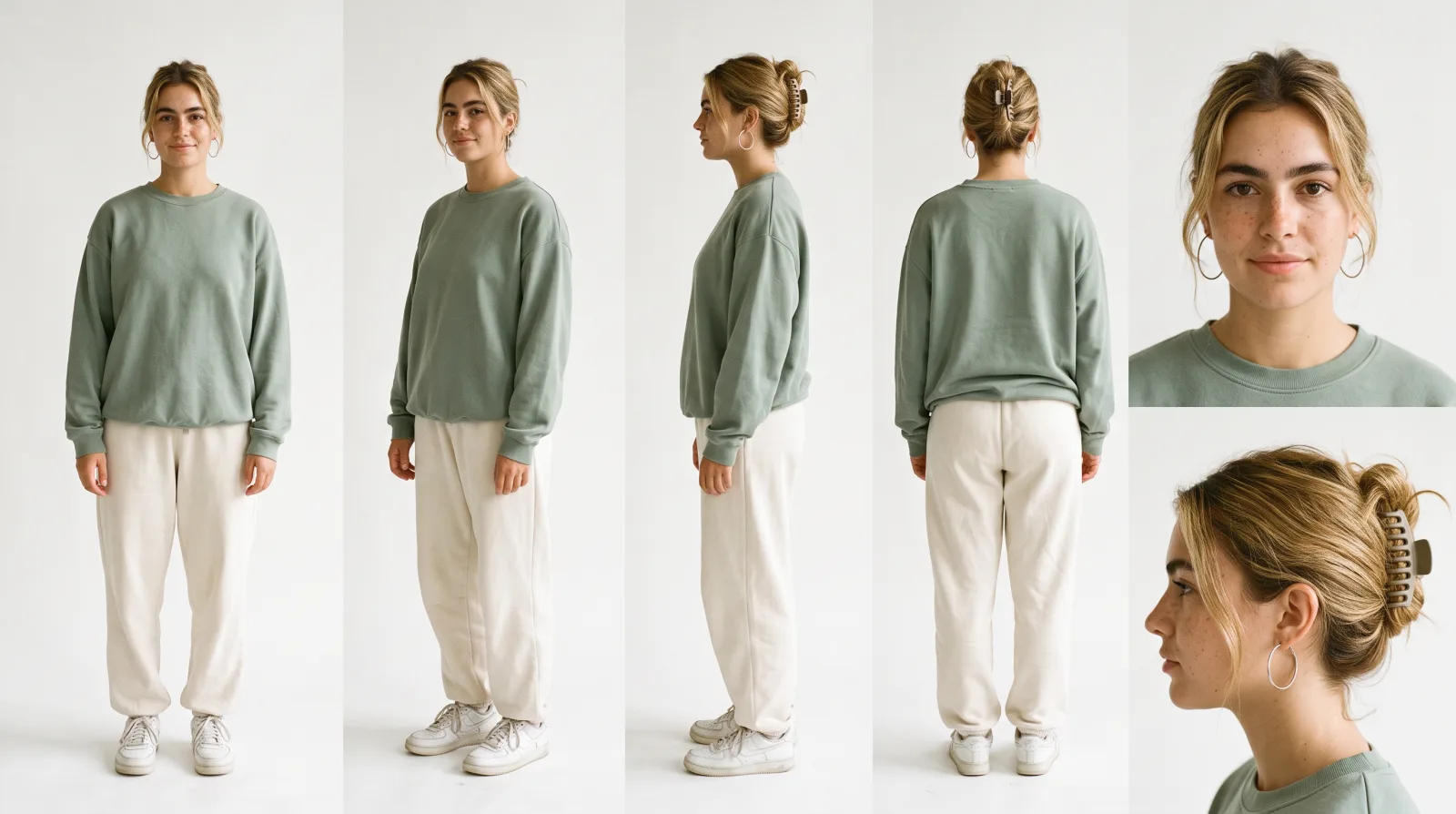 Character sheet of Mia, an AI UGC creator: front, three-quarter, side and back views and two face close-ups, in a sage-green sweatshirt and cream sweatpants