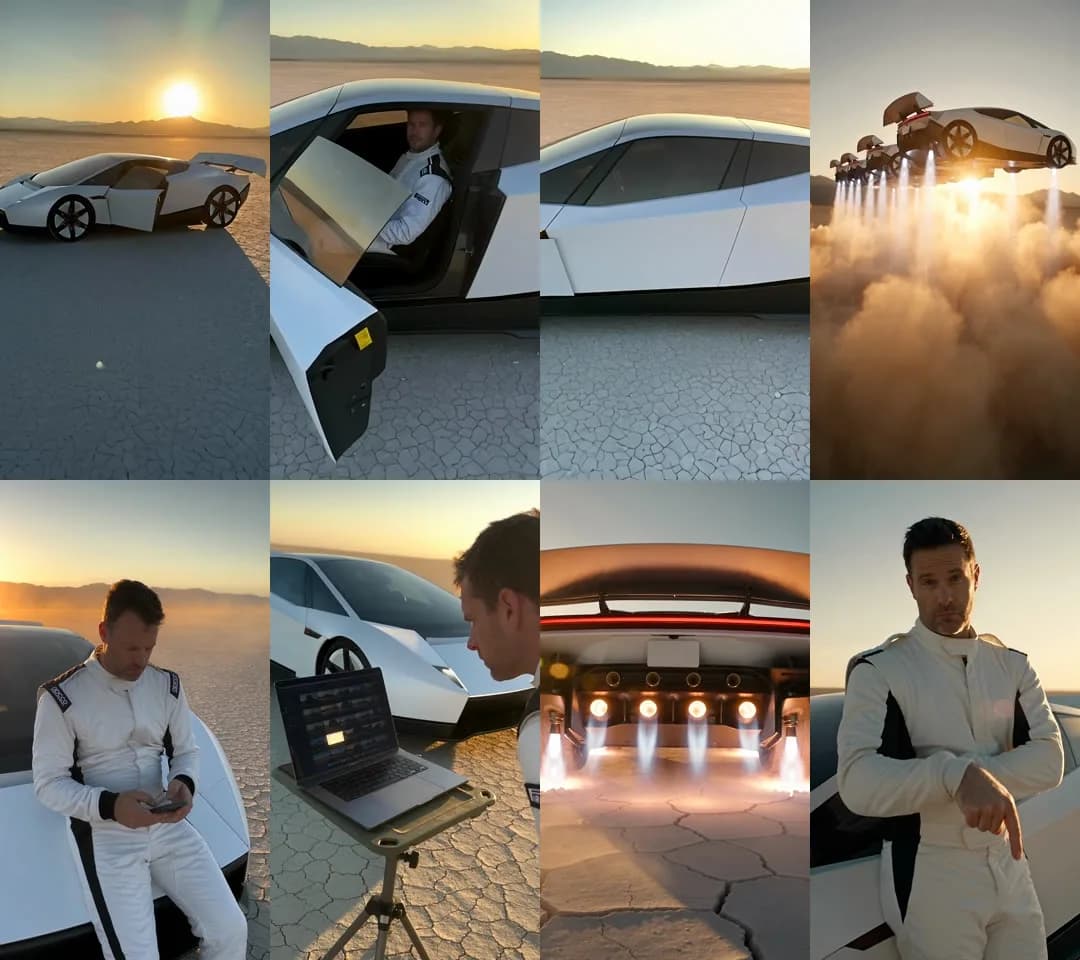 Eight frames from the hook and the B-roll: the car on the lakebed, the driver inside, five cars lifting off, the driver on the hood, at a laptop, the thrusters and the driver pointing down