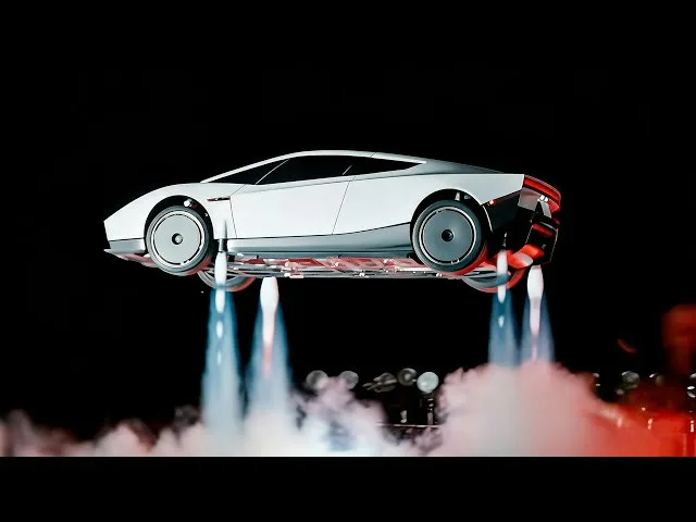The payoff: the white supercar lifts off the lakebed on rocket thrusters
