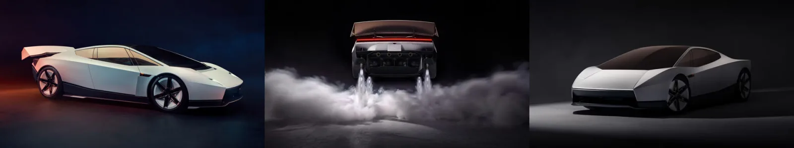 The three car references in attach order: rear three-quarter, the rocket thrusters under the rear bumper, and front three-quarter
