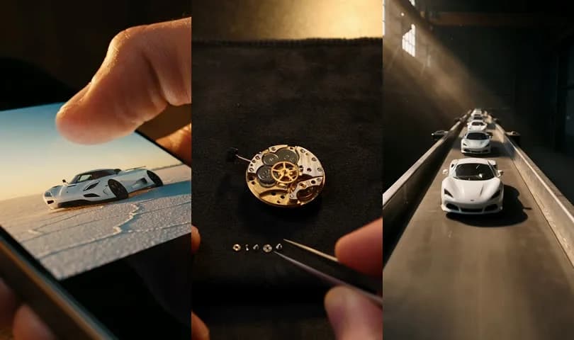 The three inserts: a thumb on a phone feed, a watchmaker's tweezers and five white scale cars on a conveyor belt