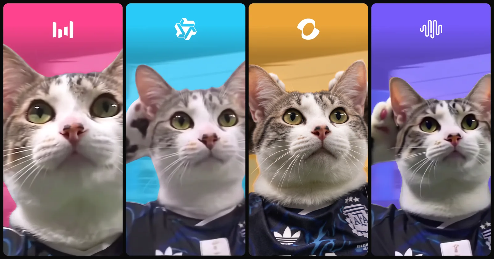 The same cat in the Argentina jersey, edited by four AI models, in four colored strips with each maker's logo: Seedance 2.5, Wan 3.0 Prime, Kling 4 and MiniMax H3