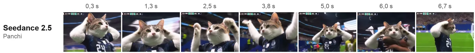Francisco's video in Seedance 2.5, frame by frame: the cat in the number 24 jersey touches its ears, raises its paws, gets the hug and salutes