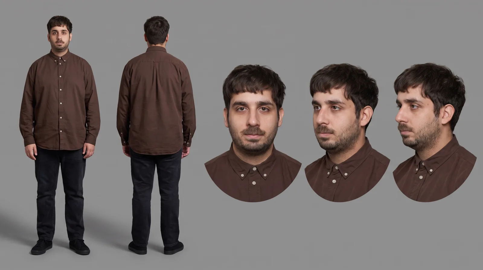 The character sheet generated in Endless with Nano Banana Pro from that photo: two full-body views and three portraits