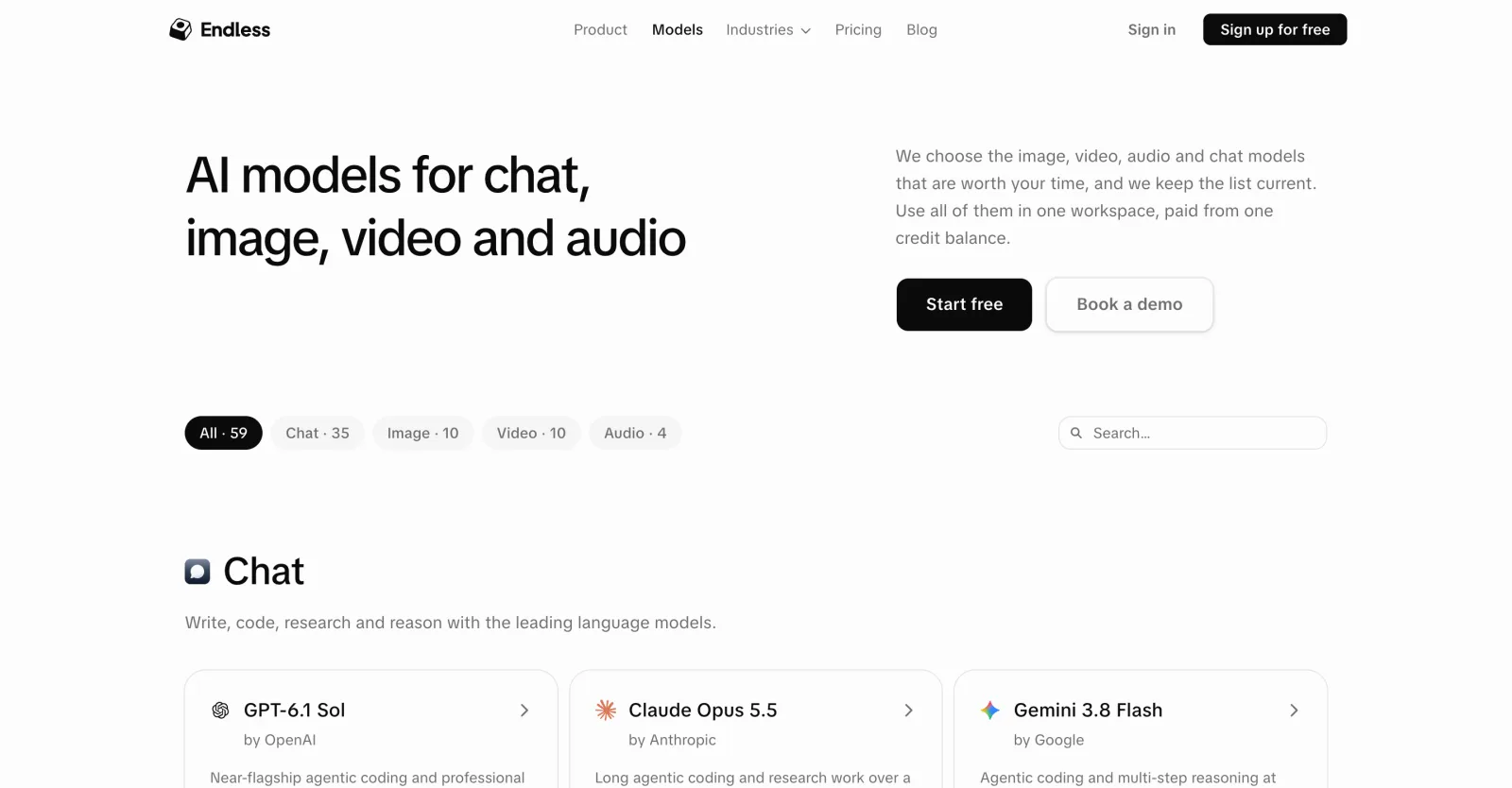 Screenshot of the Endless models page