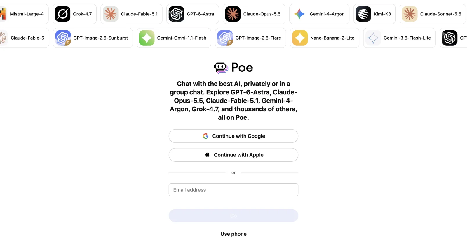 Screenshot of Poe's sign-in page