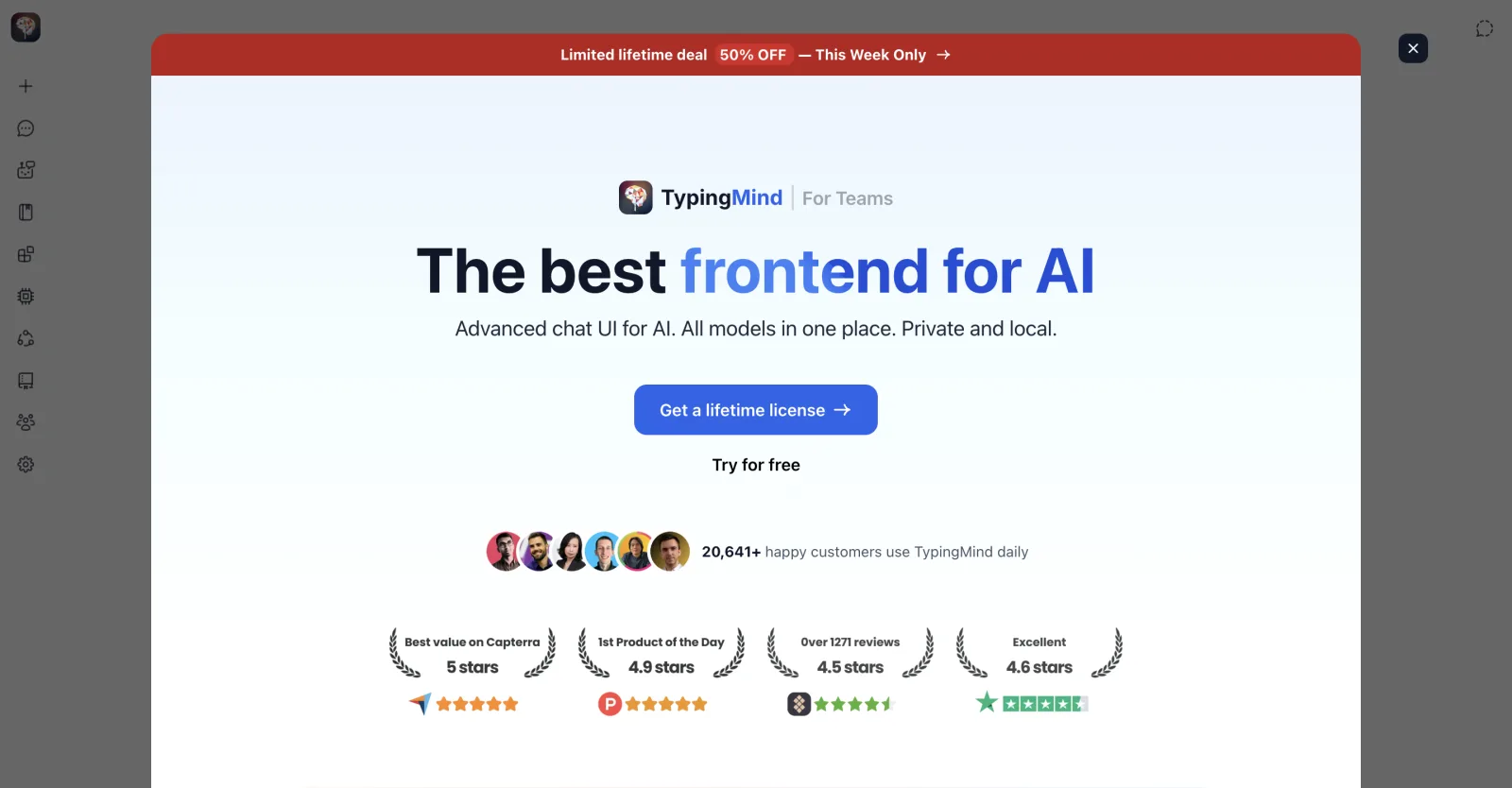 Screenshot of TypingMind's homepage