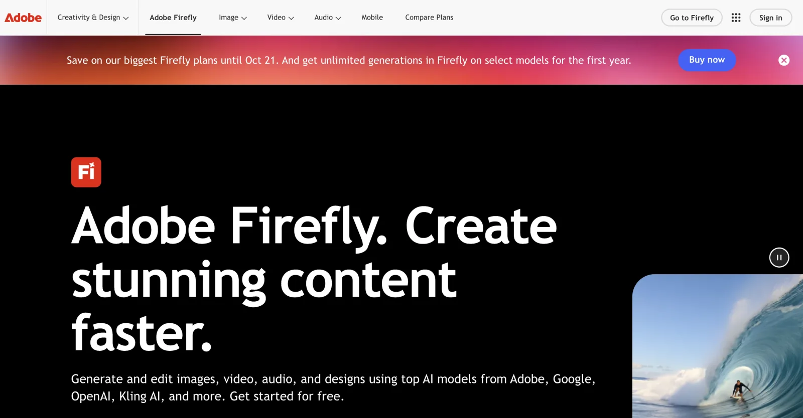 Screenshot of Adobe Firefly's homepage