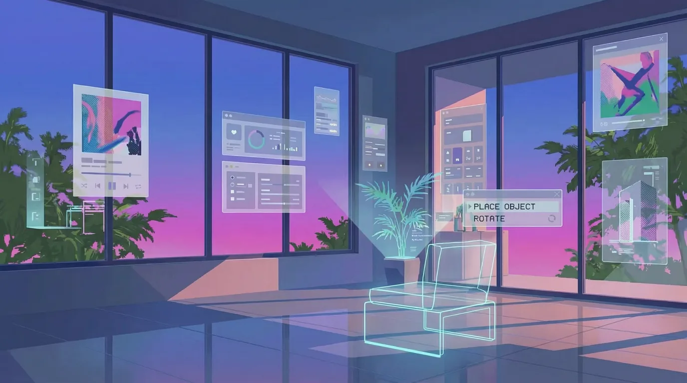 Ilustração de um ambiente ao entardecer em que uma poltrona em wireframe e painéis flutuantes se sobrepõem ao espaço real.