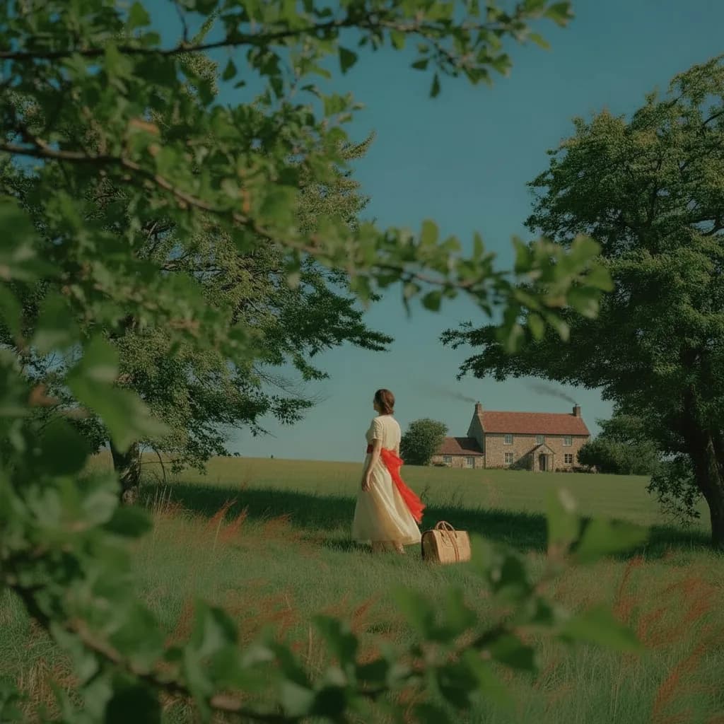 Plano geral: a mulher caminhando em direção à casa no campo, o plano que revela a cena inteira