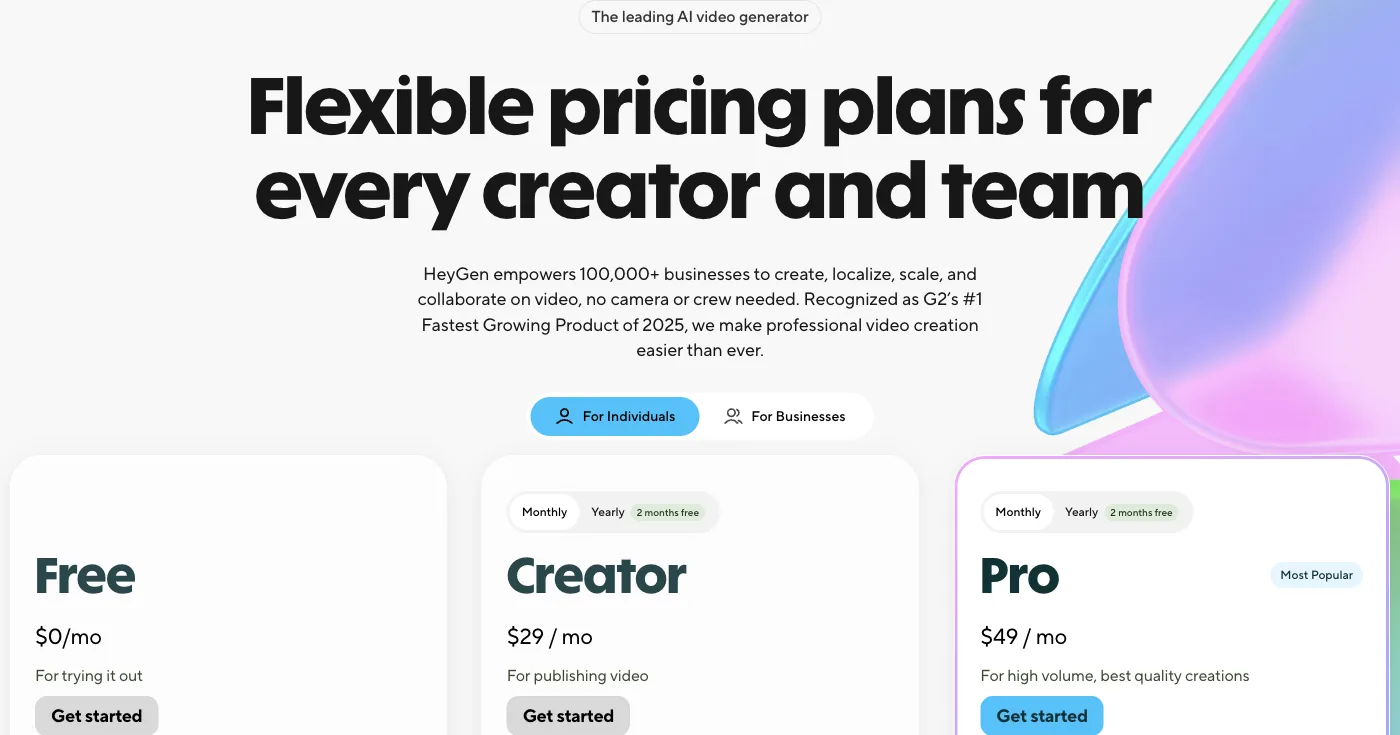 Screenshot of HeyGen's pricing page