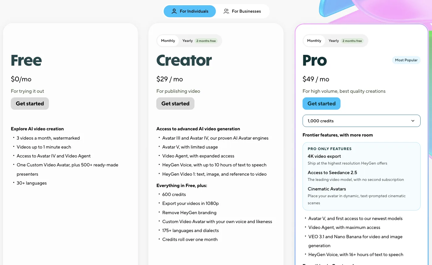 Screenshot of HeyGen's pricing page
