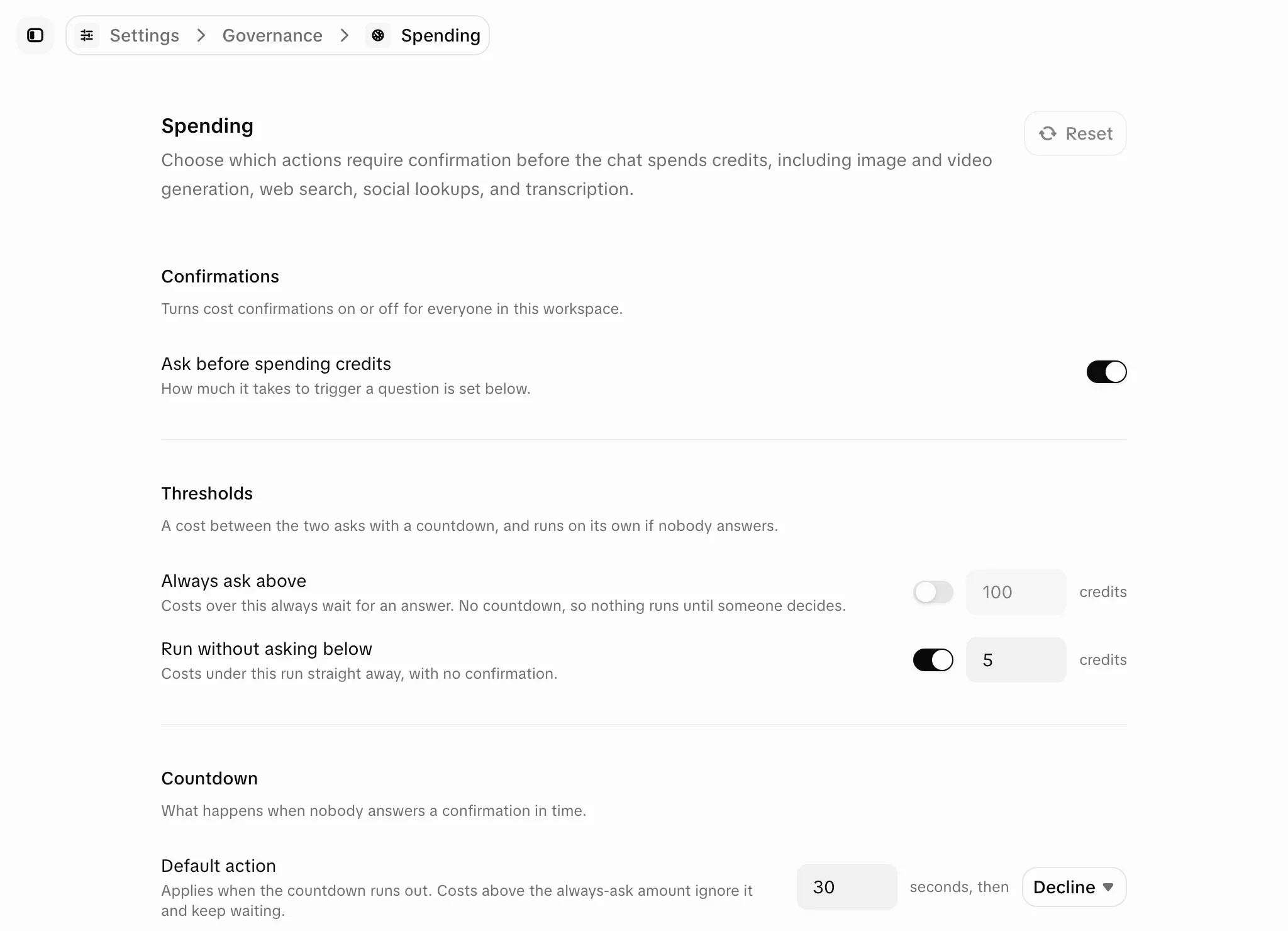 Governance → Spending: a switch to ask before spending credits, thresholds to always ask above and to run without asking below an amount, and the countdown's default action