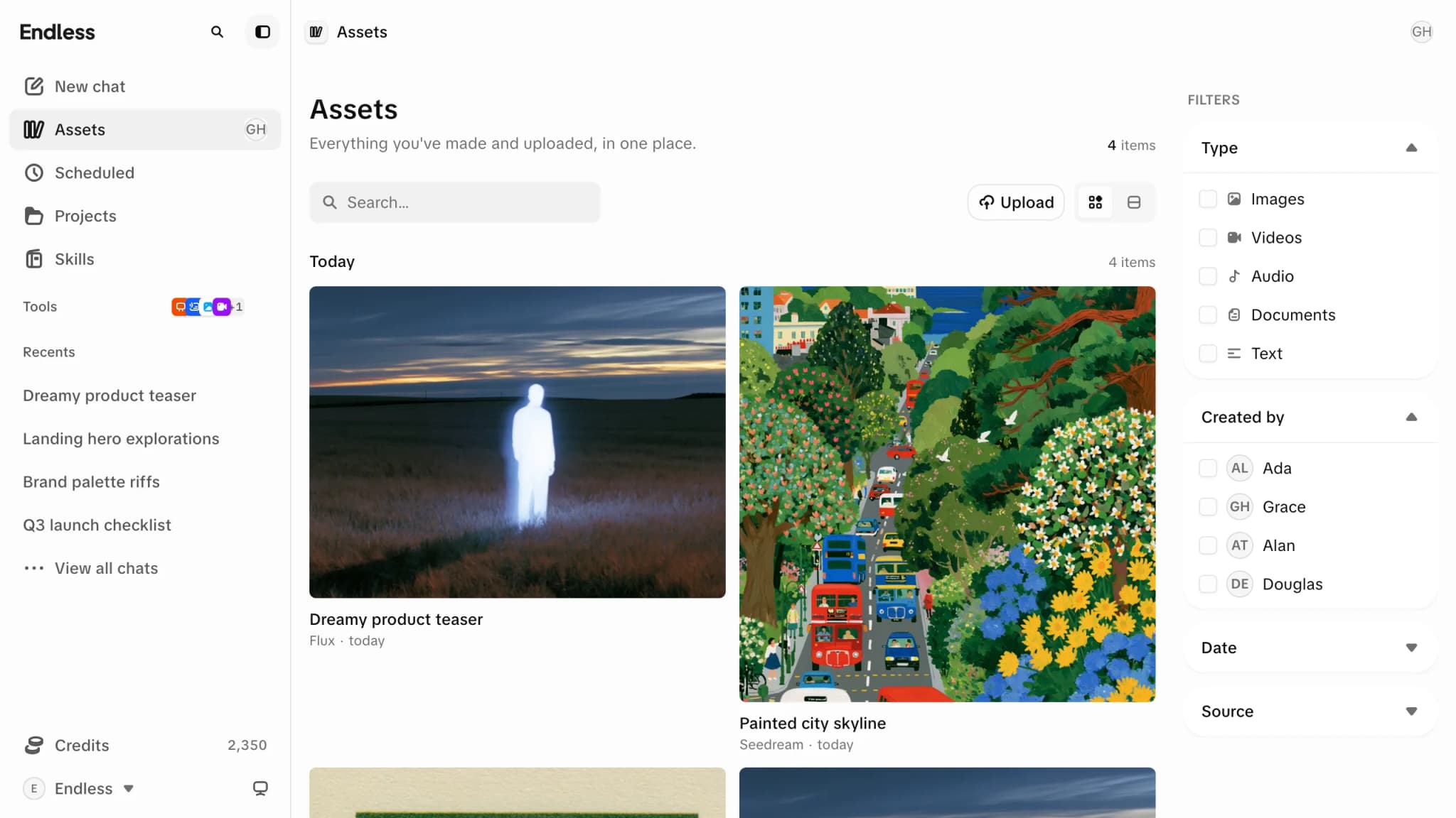 The Assets library: a search field and Upload button above a grid of generated pictures grouped under a Today heading, each captioned with its name and the model that made it, and a filters rail on the right offering Type, Created by, Date and Source