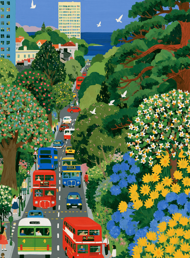 Painted coastal city street with double-decker buses