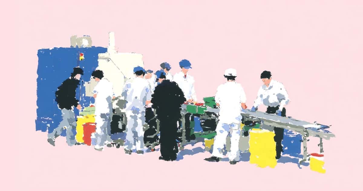 工業的な環境でコンベアや作業台を囲んで協力する複数の人々のイラスト