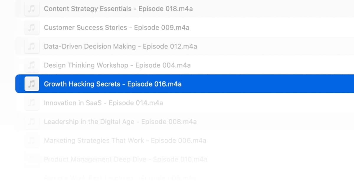 コンテンツ管理インターフェースに表示されたポッドキャスト音声ファイルのリスト。「Growth Hacking Secrets – Episode 016」がハイライトされ、MOD内で検索可能になった音声コンテンツを示している