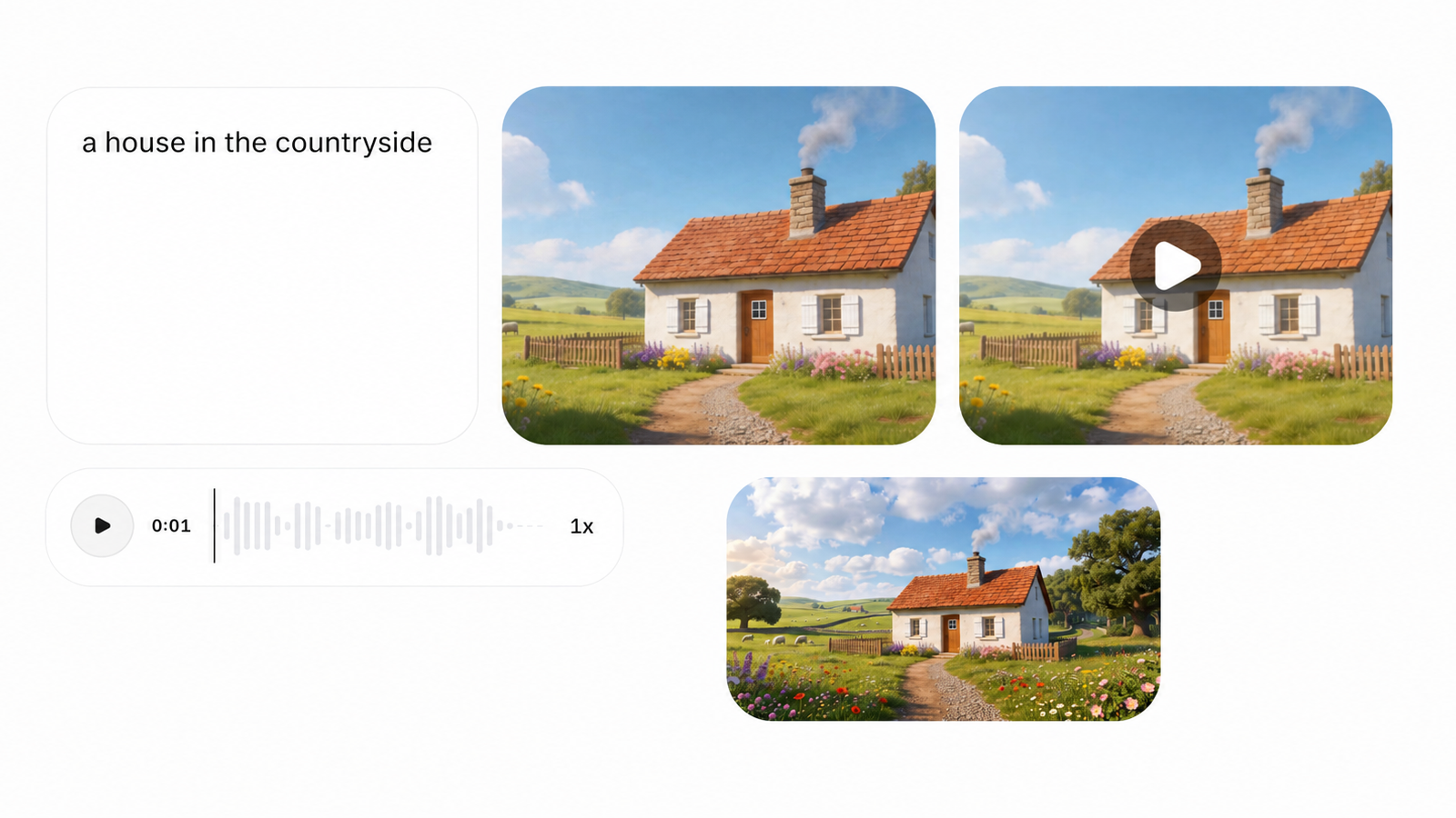 「a house in the countryside」というプロンプトから始まるDualの流れ。いきなり動画に飛ばず、まず画像、次に動画になるフレームへと段階的に進む様子。
