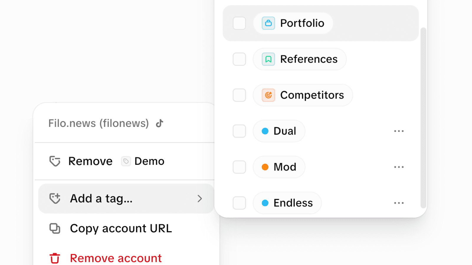 アカウントにタグを付けるMODのメニュー。タグのパネル(Portfolio、References、Competitors、Dual、Mod、Endless)が開いていて、アカウントを文脈ごとにグループ分けできる様子。