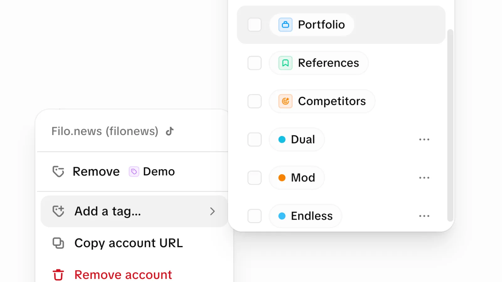 Menu do Endless para etiquetar uma conta, com o painel de etiquetas aberto (Portfolio, References, Competitors e etiquetas personalizadas) para agrupar as contas por contexto.