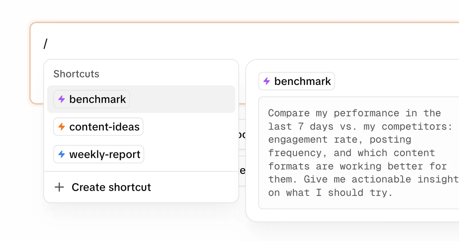 Menu de comandos aberto no Endless mostrando atalhos salvos como benchmark, content-ideas e weekly-report, com o prompt expandido ao lado.