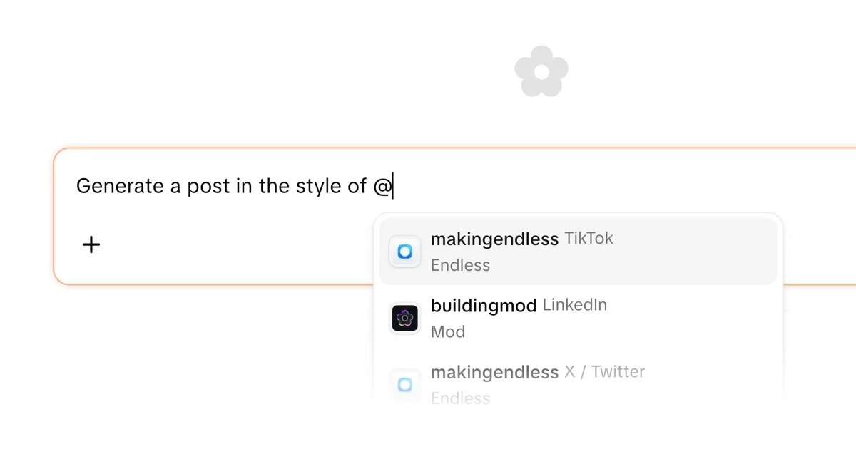 Interface do Endless mostrando contas de redes sociais conectadas com análise automática de voz de marca, exibindo como a IA gera conteúdo que combina com o estilo único de cada conta sem prompt manual
