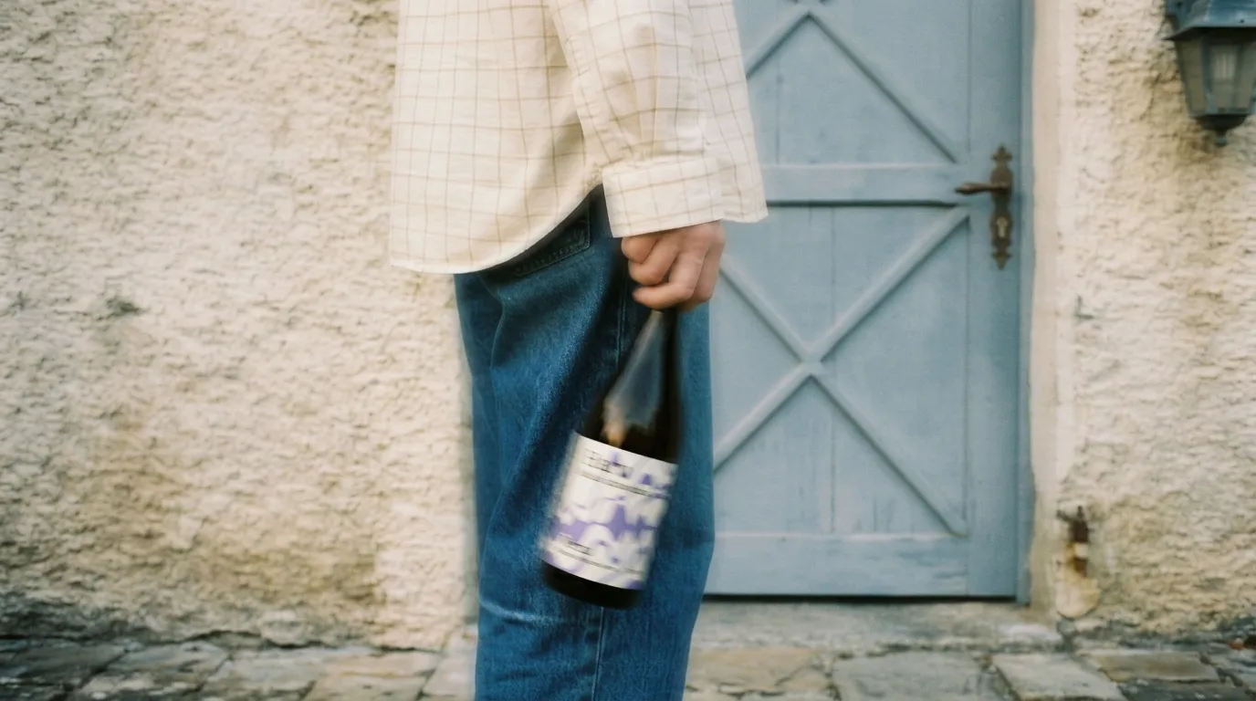 Una persona sostiene una botella de vino del cuello, junto a una puerta celeste en una pared revocada.